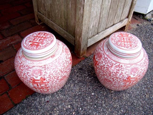 A pair of Chinese salmon colored "Double Happiness" ginger jars — image 2